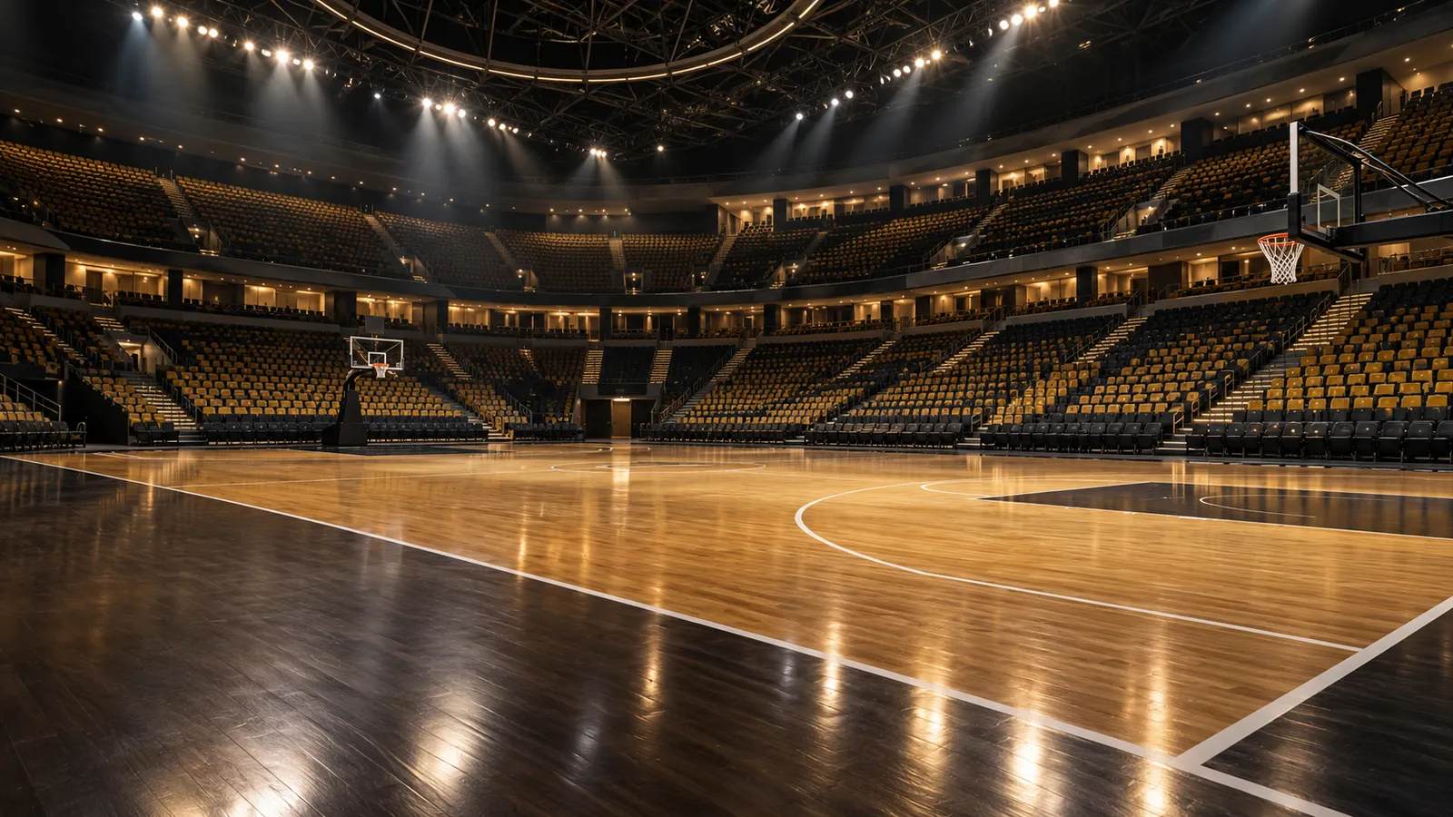 AI-generated illustration: an empty indoor basketball arena with a polished wooden court under bright lights