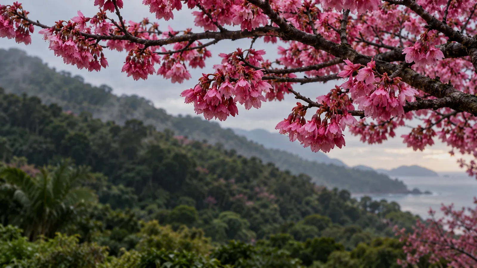 AI-generated illustration: deep pink Okinawan cherry blossoms on branches above a green subtropical hillside