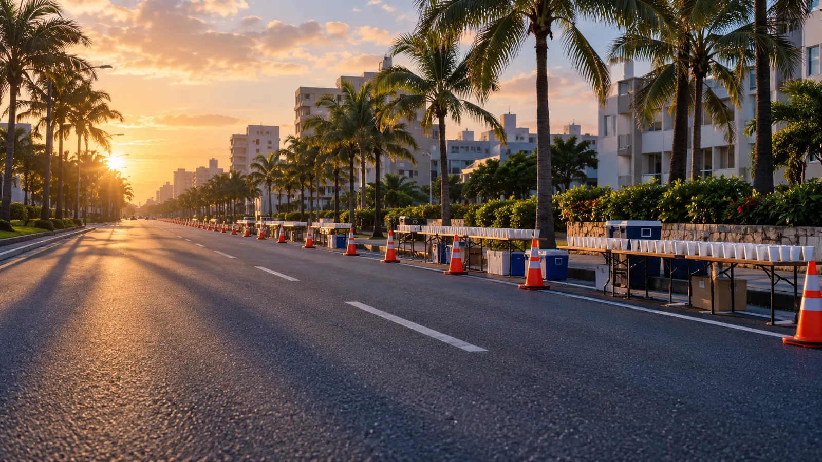 AI-generated illustration: an empty palm-lined boulevard at sunrise with traffic cones and a water station set up along the curb