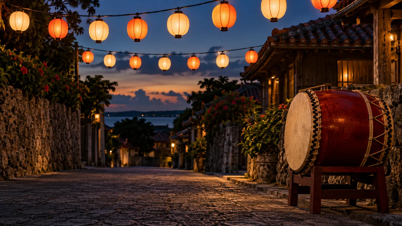 AI-generated illustration: paper lanterns glowing over a stone-walled street at dusk, with a red barrel drum on a stand